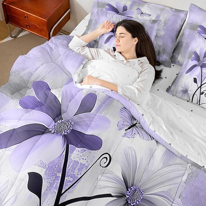 Feelyou Girls Daisy Flower Comforter Set with Sheets King Size 7 Pieces Kids Vintage Floral Butterfly Bedding Set for Boys Women Teens Purple White Grey Simple Modern Abstract Art Bed in a Bag