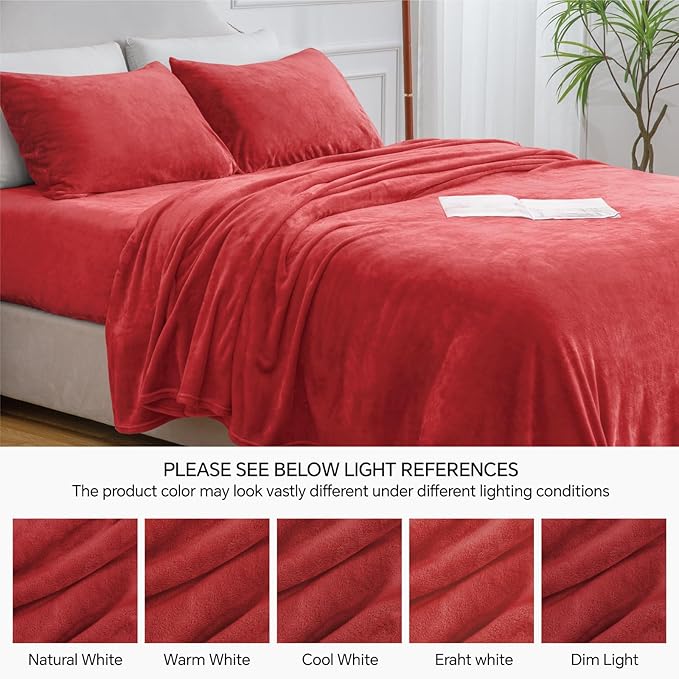 BEDELITE Flannel Sheets King Size Red - Super Soft Fleece Sheets Set Fluffy Extra Plush, 4 Piece(Include Fitted Sheet, Flat Sheet, 2 Pillowcases)