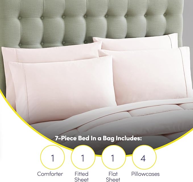 Sweet Home Collection 7 Piece Comforter Set Bag Solid Color All Season Soft Down Alternative Blanket & Luxurious Microfiber Bed Sheets, Pale Pink, Queen