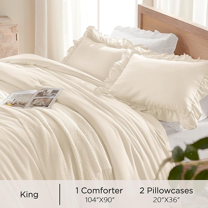Andency Beige Comforter Set King, 3 Pieces Farmhouse Shabby Chic Ruffle Comforter, Lightweight Fluffy Soft Microfiber All Season Solid Bed Comforter Set (1 Ruffle Comforter & 2 Pillowcases)