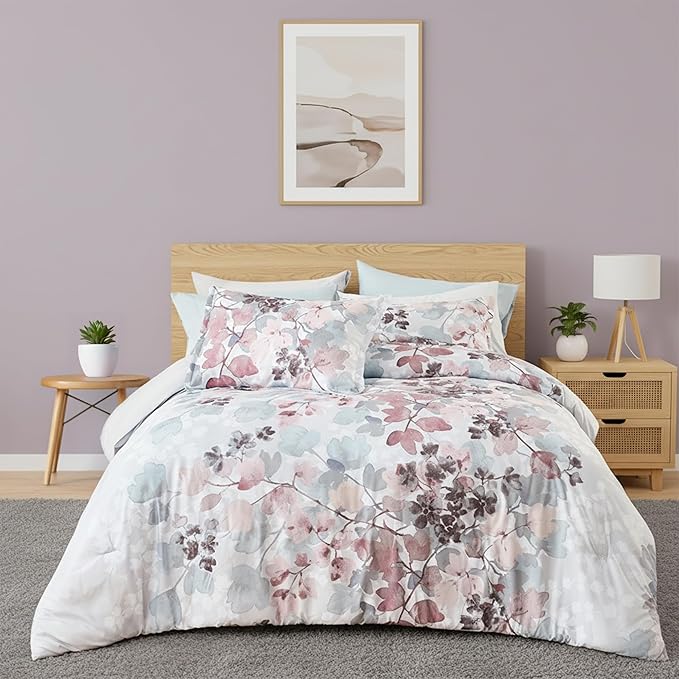 Full Comforter Set Blush Bed Set, 9 Pieces Cute Floral Bedding Set Ultra Soft Botanical Flowers Comforter, Sheets, Pillowcases & Shams