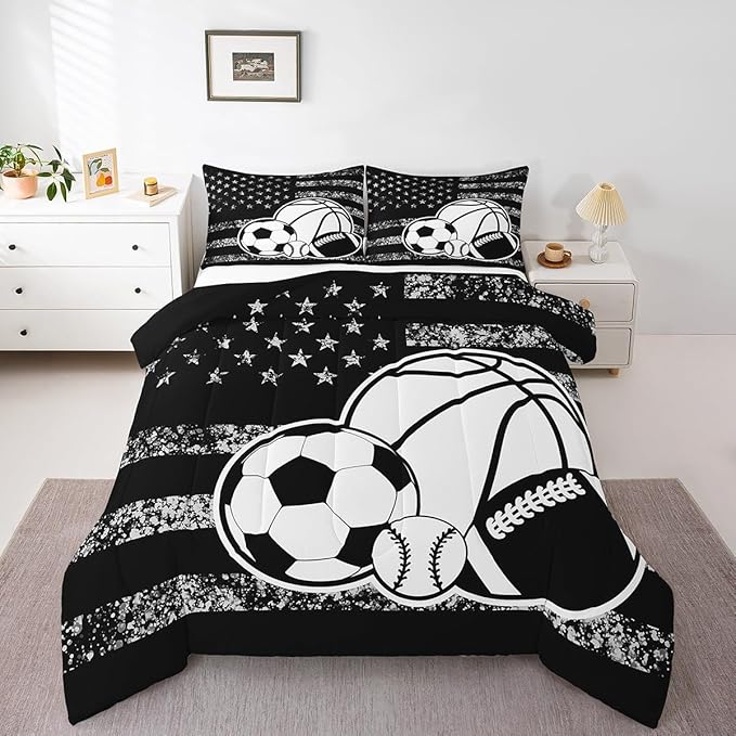 Feelyou Basketball Sports Comforter Set Full Size Ball Game Comforter for Boys Girls Teens Football Bedding Set Baseball Duvet Set Room Decor Balck White Mixed Ball Quilt Set