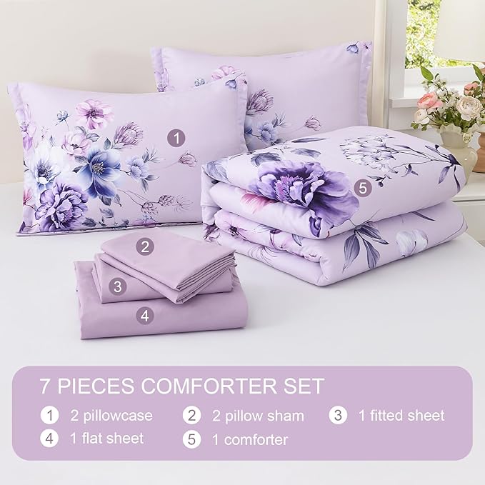 Floral King Size Comforter Set - 7 Piece Botanical Purple Flower Bed in a Bag Ulter Soft Microfiber Bedding Set, Lightweight Bed Comforter Set with Sheets for All Season (Purple, King)