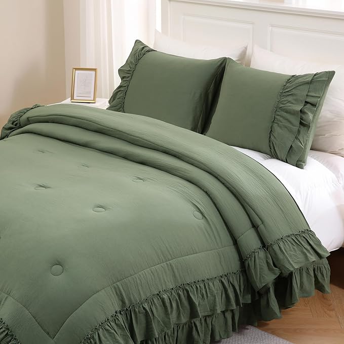 Olive Green Comforter Set King Boho Bedding Set Shabby Chic 2 Layers Ruffled Bedroom Home Decor Ultra Soft Microfiber Farmhouse Down Comforter Bohemian Quilt Set