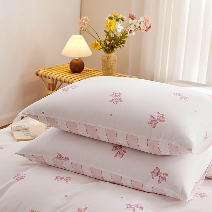 White Queen Comforter Set - Pink Bow Comforter Set Queen Size, Stripes Quilt Bedding Set 3 Pieces, Soft & Lightweight Comforter(90‘’ x 90‘’) for Girl All Season & 2 Pillowcases(30‘’x20‘’)