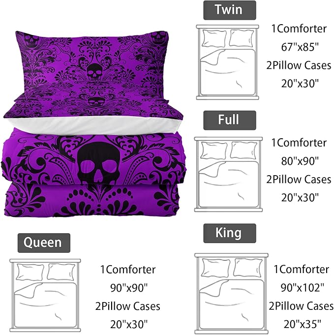 Adults Violet Gothic Comforter Set Full Size,Vintage Damask Floral Bedding Set 3Pcs,Bohemia Bedding Set Goth Skull Printed Quilted Set for Teens Adult with 1 Comforter and 2 Pillowcase
