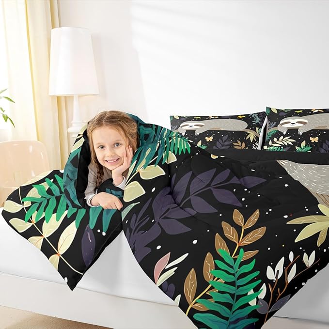 Feelyou Sloth Comforter Cute Sloth Bedding Set for Kids Boys Girls Galaxy Butterfly Comforter Set Botanical Leaves Inner Fill Duvet Set 1 Comforter Set with 2 Pillowcases King Size