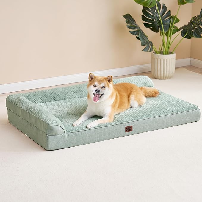 EHEYCIGA Large Dog Bed Memory Foam for Crate, Orthopedic Dog Bed Large Size Dogs with Washable Removable Cover, Waterproof Pet Sofa Couch with Nonskid Bottom, 35x22x6, Greyish Green
