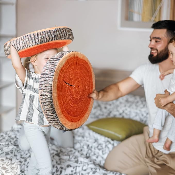 Queekay 2 Pcs Round Throw Pillow Decorative Wood Slice Floor Cushion 3D Digital Printing Forest Decor Soft Circle Pillow Cute Stump Camping Memory Foam for Home Chair Bedroom Decor(Vintage)
