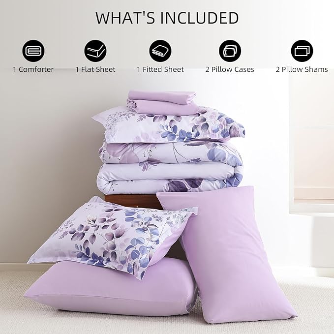 Xruibed Purple Comforter Set King Size 7 Pieces Bed in a Bag, Botanical Floral Print Bed Sets, Elegant Flower Comforter with Sheet Set, Soft Microfiber Bedding Set for All Season (Purple, 104"x90")