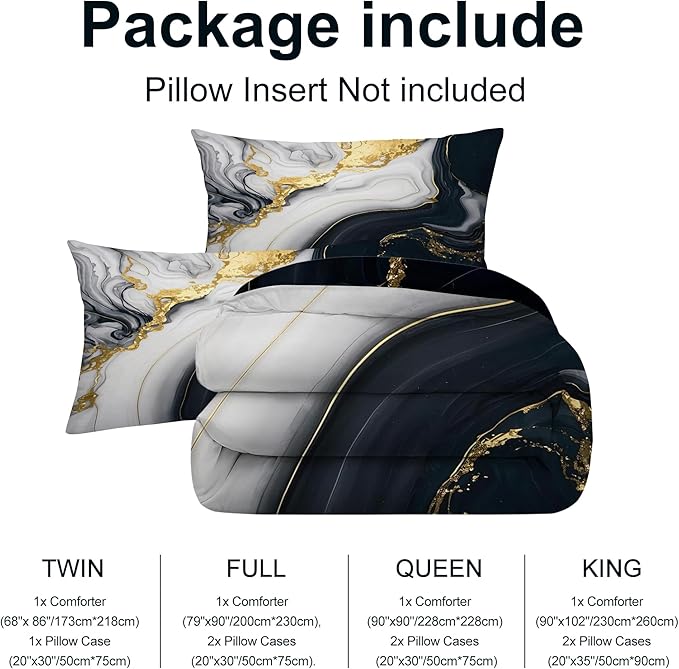 3D Marble Bedding Sets Full Size Grey White and Black Gold Bedding Set Luxury Marbling Texture Bed Set for Bedroom Decor Soft Quilt Set with 1 Comforter + 2 Pillowcases