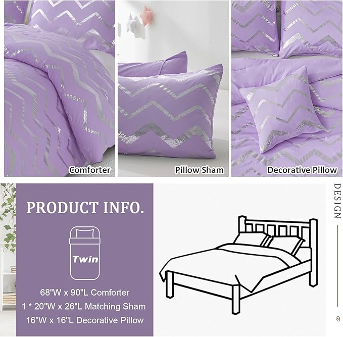 Menghomeus Purple/Silver Comforter Set Twin Lavender Metallic Print Glitter Bed Comforter Cute Shinny Bedding for Teen Girls Kids Women, 3 Piece (1 Pillowcase, 1 Decorative Pillow Sham)