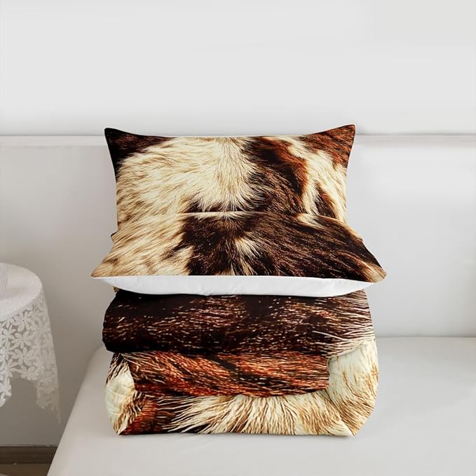 Erosebridal Cow Print Comforter Set King Cowhide Bedding Sets Adult Women Men Highland Cow Fur Comforter Western Farm Wild Animal Down Comforter Brown White Bull Cattle Skin Duvet Insert 3Pcs