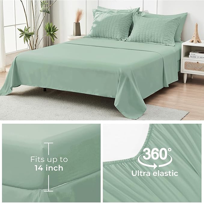 HYMOKEGE Sage Green Twin XL Comforter Set Seersucker 5 Pieces, All Season Luxury Bed in a Bag for Bedroom, Bedding Set with Comforter, Sheets, Pillowcase & Sham