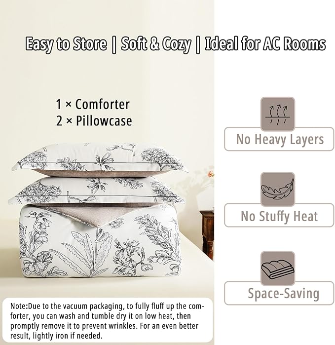 Floral Cotton Comforter Queen Size 3Pcs - Vintage Design with Luxurious Black Sketched Flowers & Leaves on Cream, Retro Taupe Reversible Lightweight Bedding Sets with Soft Fill(90"×90")