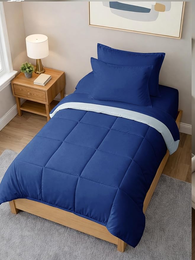 Twin Comforter Set - 5 Piece Bed in a Bag Twin Size Bed Set - Down Alternative Comforter, Flat Sheet, Fitted Sheet, Pillowcase & Sham for All Seasons - Soft, Comfy & Breathable - Navy Blue/Sky Blue