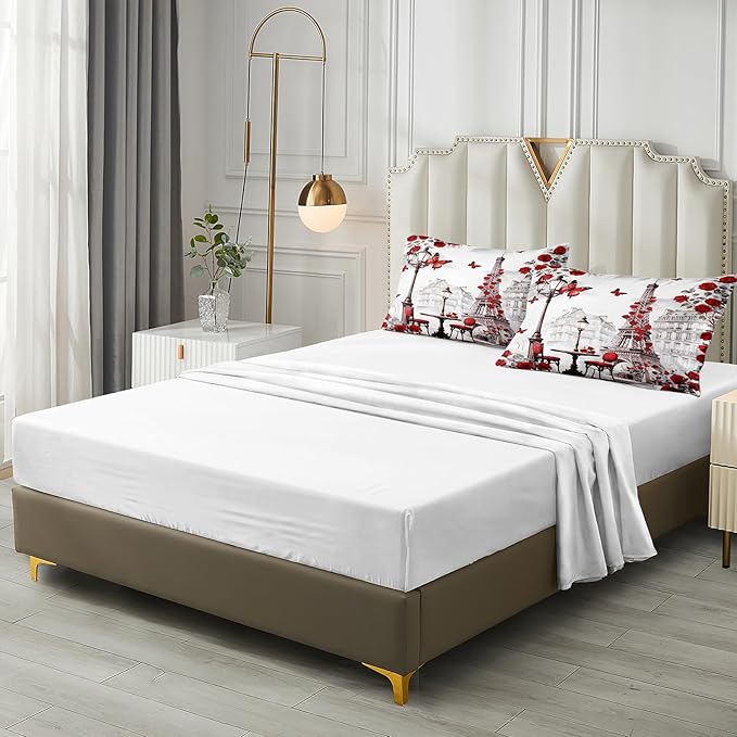 Paris Comforter Set 8 Pcs Red Rose Bedding Set Eiffel Tower Retro France Comforter Red Butterfly Romantic French Bed Comforter King Bed in A Bag