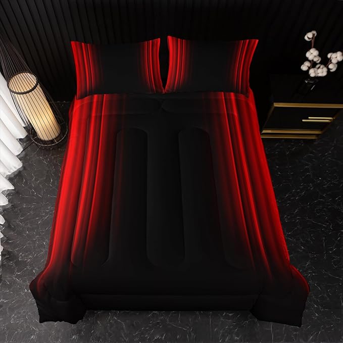 Red and Black Bedding Set Twin Size Abstract Ombre Comforter Set for Teen Boys, Mordern Bedding Set 3 Piece in A Bag,Dark Quilt Set Mordern Art Decor Lightweight All Seasons with Pillowcases