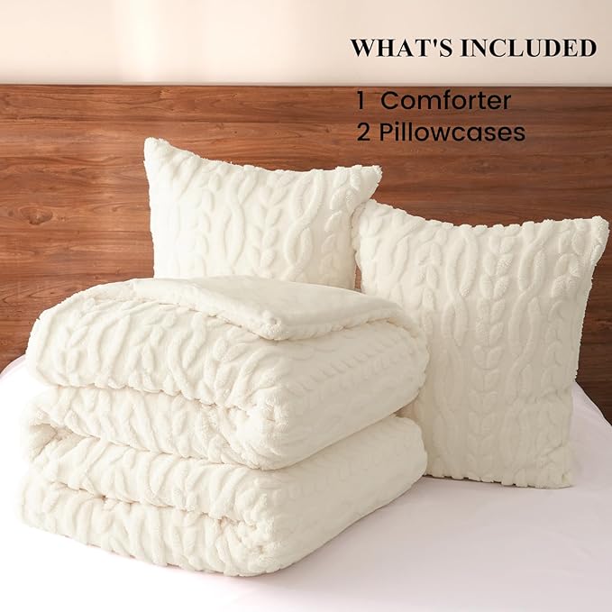 PHF Fluffy Sherpa Fleece King Comforter Set, 3 Pieces Warm Fuzzy Soft Bedding for Winter, 3D Tufted Flannel Plush Shaggy Bed Set, 1 Comforter (104"x90") and 2 Pillowcases (20"x36"), Cream