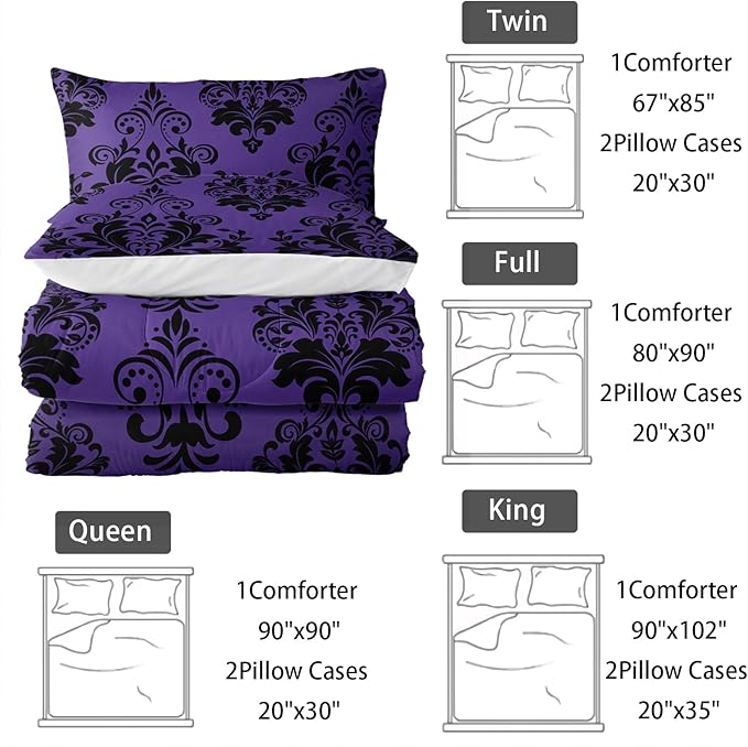 Violet Gothic Floral Print Comforter Set Full Size,Vintage Damask Floral Bedding Set,Bohemian Exotic Printed Quilted Set for Teens Adult,with 1 Comforter and 2 Pillow Case