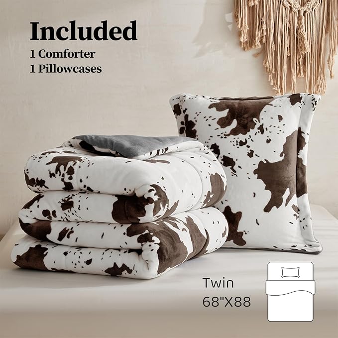 Petrichor Velvet Flannel Twin Comforter Set-Cow Print Western Style Blanket,Luxury Fuzzy Heavy Bedding Set, 2 Pieces Plush Winter Bed Set with Comforter (68"x88") & 1 Pillow Shams (20"x26")