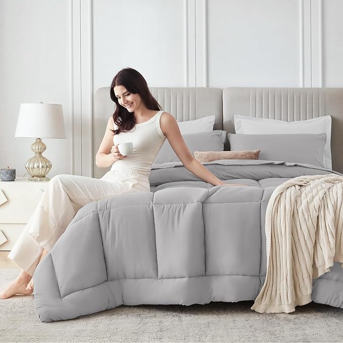Sasttie Queen Comforter Set, 7 Pieces Bed in a Bag Queen, Complete Bedding Set Includes Comforter, Flat Sheet, Fitted Sheet, Pillowcases and Pillow Shams, Ivory & Light Grey