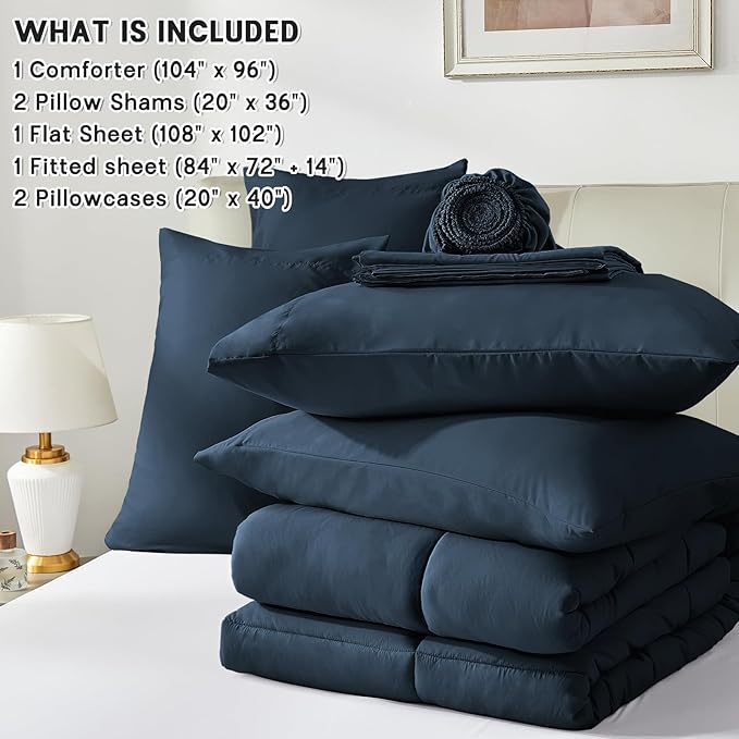 Anluoer California King Size Bed in a Bag 7 Pieces,Navy Blue Cal King Comforter Set with Sheets,All Season Bedding Sets with Comforter,Pillow Shams,Pillowcases,Flat Sheet,Fitted Sheet