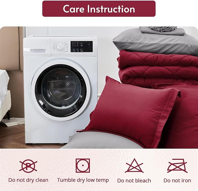 MUXHOMO 7 Pieces King Comforter Set, Reversible Bed in a Bag King Size, All Season Bedding Set with Comforter, Flat Sheet, Fitted Sheet, Pillowcases & Shams, Burgundy & Grey