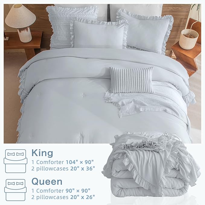 Masaca Shabby Ruffled King Comforter Set,Farmhouse Cornflower Blue Bedding Comforter Lightweight Ultra Soft Vintage Rustic Bedding 3pc (1 Ruffle Comforter and 2 Pillowcases)