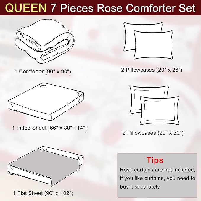 EVENHUG Queen Size Comforter Set 7 Pieces Red Rose Floral Bedding Sets for All Season Bed in a Bag with Flowers Comforter and Flat Sheet, Fitted Sheet, Pillowcases (90"x90")