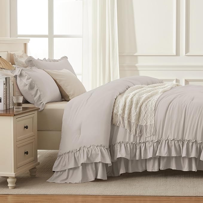 Andency Linen Full Size Comforter Set (79x90Inch), 3 Pieces Fluffy Farmhouse Shabby Chic Ruffle Bedding Sets, All Season Soft Lightweight Bed Set