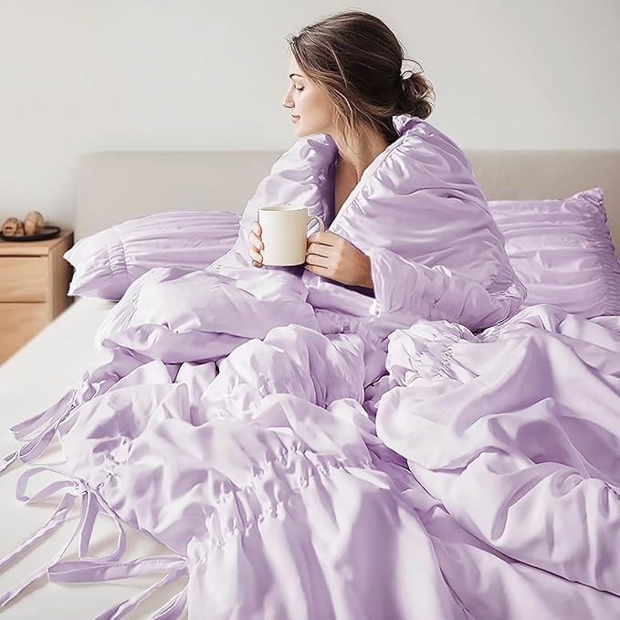 Intelligent Design King Comforter Set Ruched Shabby Chic Comforters for King Size Bed, All Season Lightweight Purple Ruffle, French Country Bedding Set, Shams, Ella, King/Cal King, Lavender 3 Piece