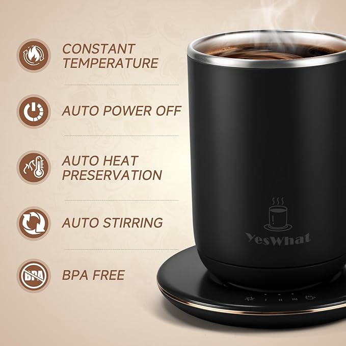 Heated Coffee Mug 11oz,Self Stirring Electric Mug with Temperature Control & Auto Shut-Off,Stainless Steel Smart Coffee Cup with Detachable Heating Base for Desk,Office,Home,Gifts for Women(Black)