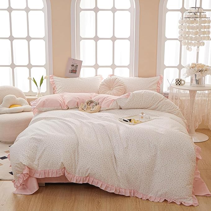 HighBuy Flower Comforter Set Queen Size Coquette Romantic Comforter Fluffy Girl Lace Bedding Comforters Soft Ruffle Floral Comforter Set 1 Ruffled Comforter with 2 Pillowcases for All Season