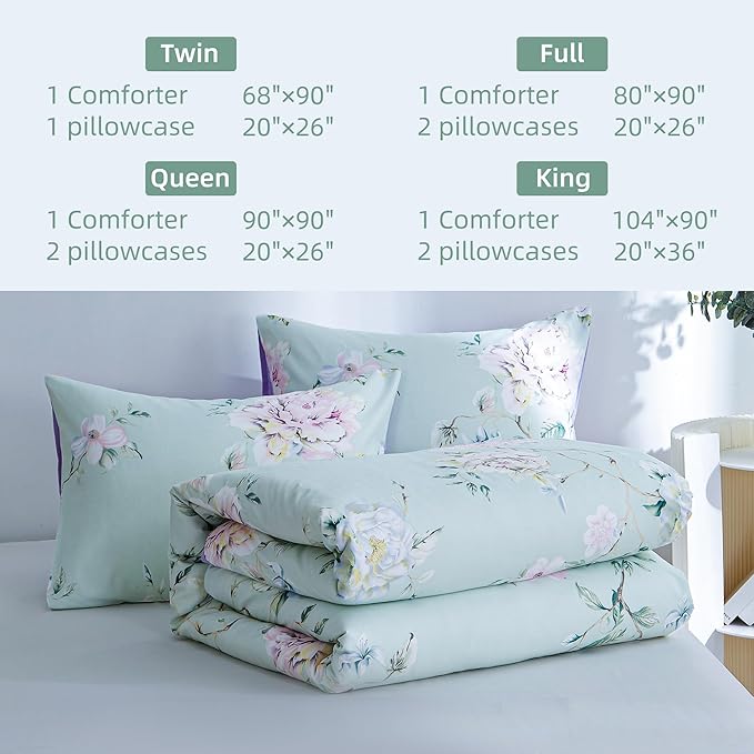 BOLINLIVING Floral King Comforter Set 3 Pieces, Soft Breathable Bed in a Bag King Size, Green and Purple Floral Bedding Set for All Season, 1 Comforter & 2 Pillowcases