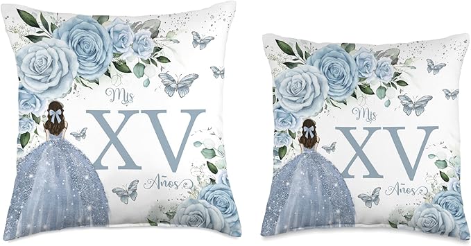Baby Blue Floral Roses Princess Quinceañera Mis XV Años Throw Pillow