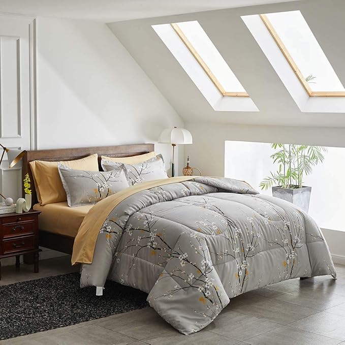 Gray Comforter Sheet Set Bed in a Bag 6 Pieces Twin Size Tree Branch Bloom Flower Spring Summer Bedding Set (1 Comforter 2 Pillow Shams 1 Tan Flat Sheet 1 Fitted Sheet 1 Pillowcases)