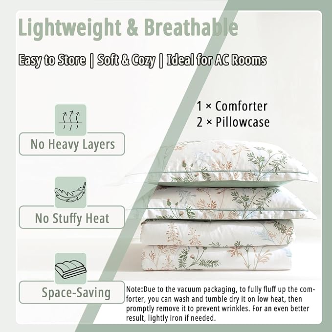 Natural Cotton 3pcs Botanical Comforter Sets Queen Size-Green Comforter with Luxurious Tan & Gray Leaves on White, Reversible Lightweight Floral Bedding Sets(Full/Queen)