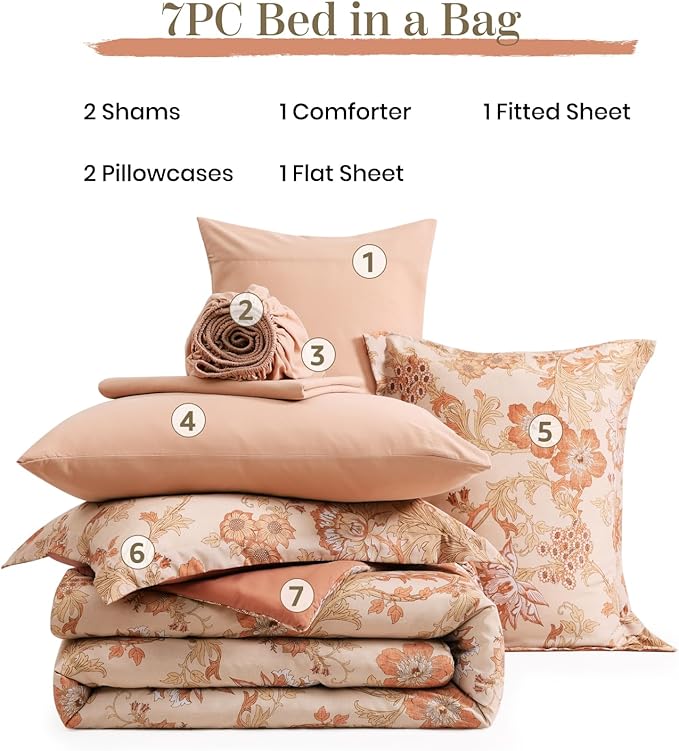 Full Comforter Set -7 Pieces Terrecotta Floral Comforter Set for All Seasons, Bed in a Bag Full with Botanical Flowers Comforter, Sheets, Pillowcases & Shams