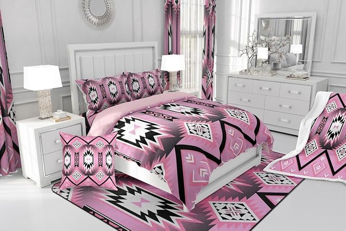 Feelyou Pink Western Comforter Set Southwest Native Tribal King Size Bedding Set for Kids Boys Girls Geometric West Comforter Soft Microfiber Boho Bedroom Decor