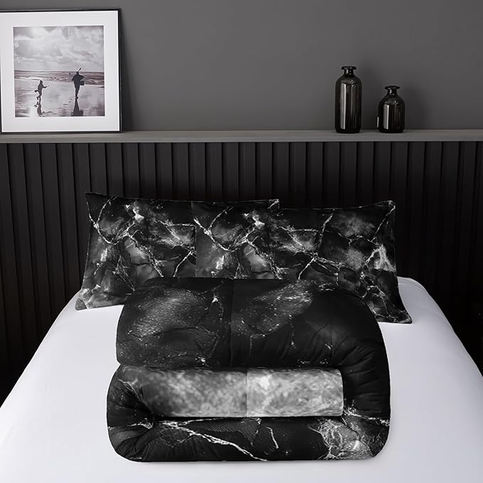 Black and White Comforter Set King Size,Black and White Marble Bedding Set 3 Pcs Bedding for Adults, Marble Room Decor with Comforter and 2 Pillowcases Soft and Lightweight