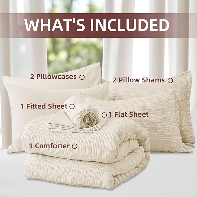 FUANNA Queen Comforter Set 7 Pieces, Luxury Seersucker Bed in a Bag Queen Size for All Seasons, Soft Bedding Set with Comforter, Flat Sheet, Fitted Sheet, Pillowcases & Shams for Bedroom, Cream White