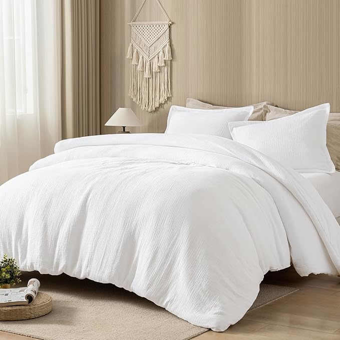 PHF Cotton Muslin Comforter Set Queen – 100% Cotton Cover, Ultra Soft & Breathable, 3PCS Lightweight All-Season Bedding with Polyester Fill, 1 Comforter 90"x90" & 2 Pillow Shams 20"x26", White