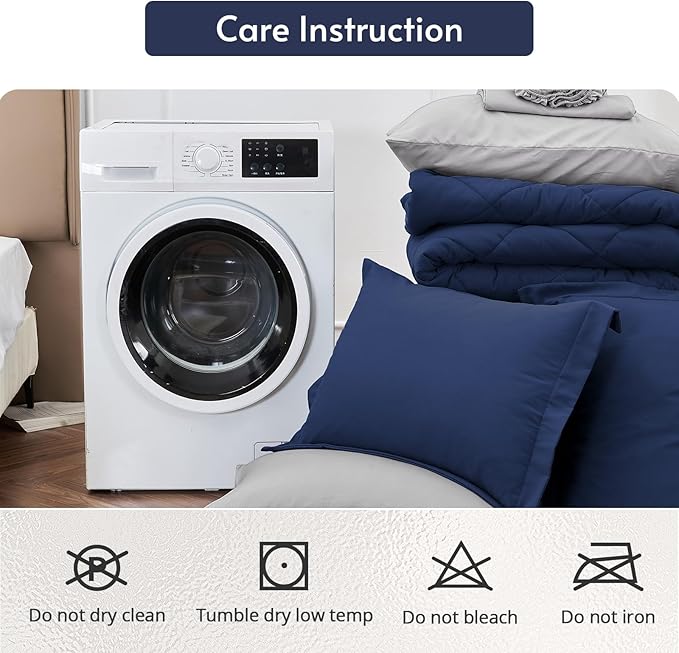MUXHOMO 7 Pieces Oversized King Comforter Set, Reversible Bed in a Bag Oversized King Size, All Season Bedding Set with Comforter, Flat Sheet, Fitted Sheet, Pillowcases & Shams, Navy & Light Grey