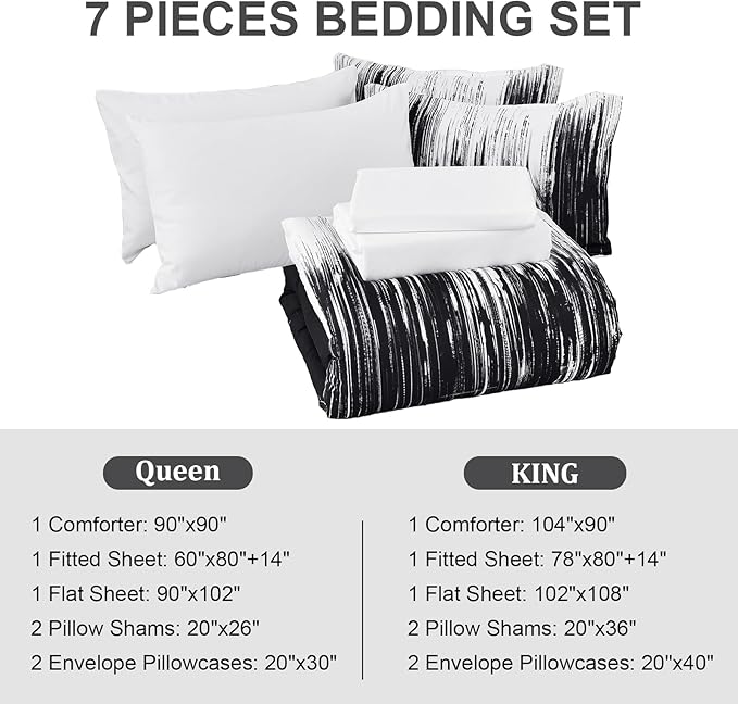 Dinjoy Ombre Black Comforter Set Full Size Gradient Black White Boho Bedding Set for Teen Men Women 7 Pieces Bed in A Bag Bohemian Bed Set with Comforter, Sheets, Pillowcases & Shams