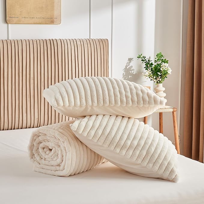 Lotus Karen Faux Fur King Size Comforter Set 3 Pieces – Soft Fluffy White Comforter Full Size, Vertical Striped Faux Rabbit Fur Fuzzy Warm Bedding Set(1 Comforter and 2 Pillowcases)