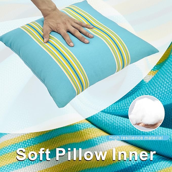 JMGBird Outdoor Pillows Set of 2 with Inserts - 18x18 Weather-Resistant Throw Pillows for Patio Furniture, Sky Blue Multi-Striped Decorative Cushions