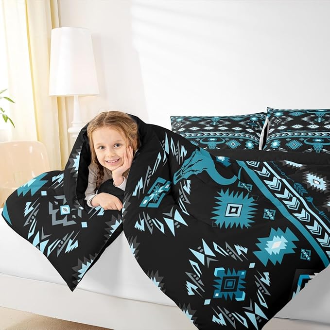 Feelyou Kids Western Decor Bedding Set Full Size Southwestern Aztec Comforter Set for Boys Girls Ethnic Tribal Bull Skull Duvet Quilt