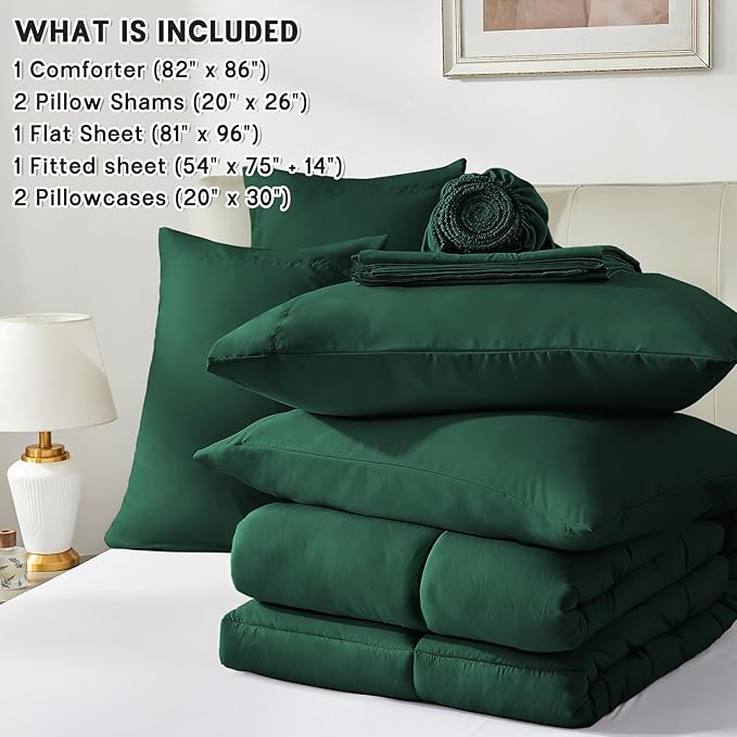 Anluoer Full Comforter Set 7 Piece, Emerald Green Bed in a Bag with Sheets, Comforters Full Size Bedding Sets with 1 Comforter, 2 Pillow Shams, 2 Pillowcases, 1 Flat Sheet,1 Fitted Sheet