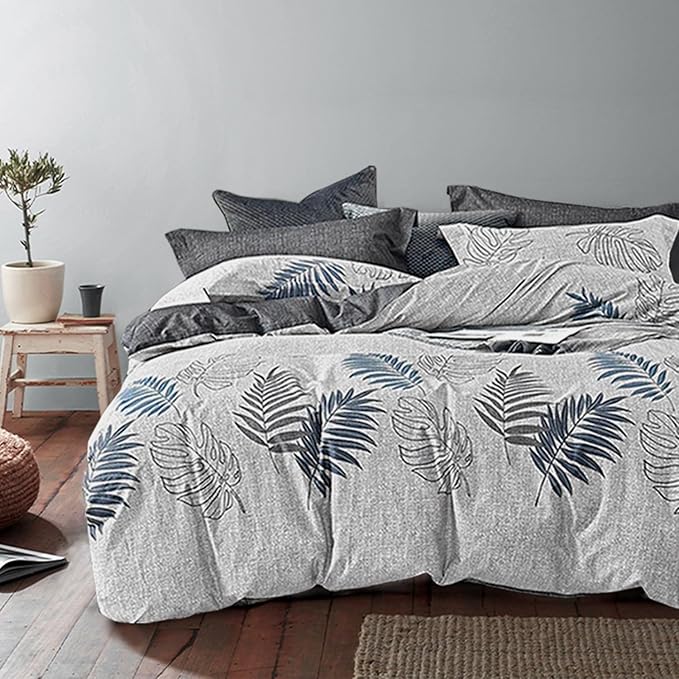 ALESSEL Natural Cotton 3pcs Botanical Comforter Set - Queen Size, Dark Gray Comforter with Blue & Gray Leaves, Reversible Lightweight Floral Bedding Sets